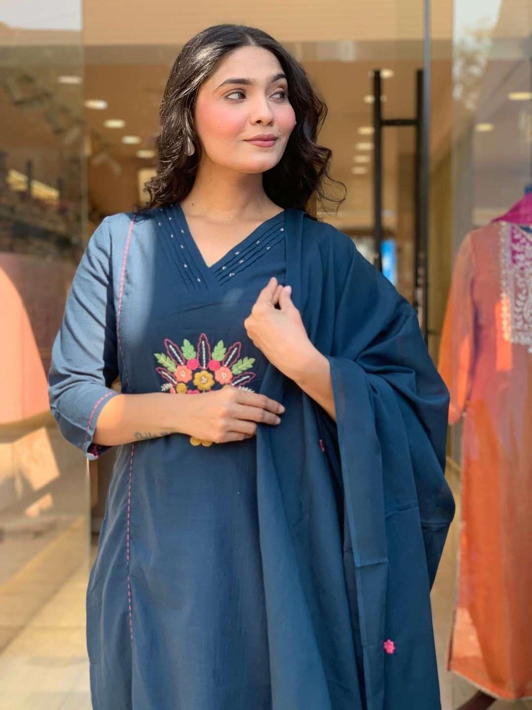 Women's Cotton Embroidered Straight Kurti With Pant And Dupatta Set (Dark Teal Blue)