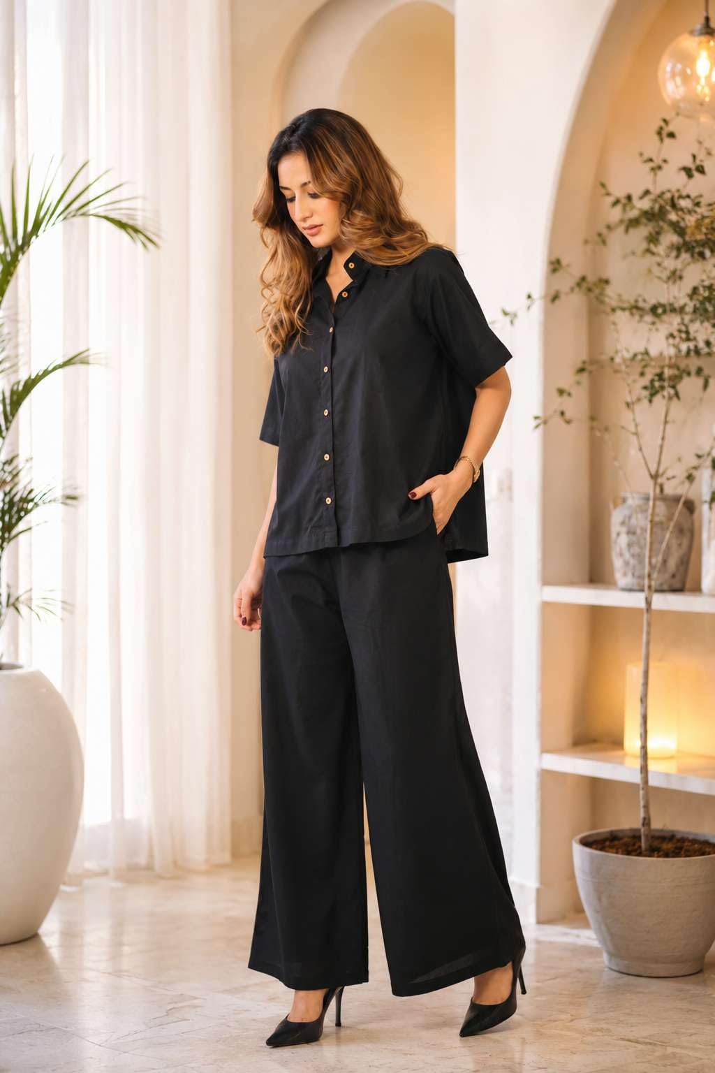 Women's Cotton Plain Straight Short Kurti With Pant Set