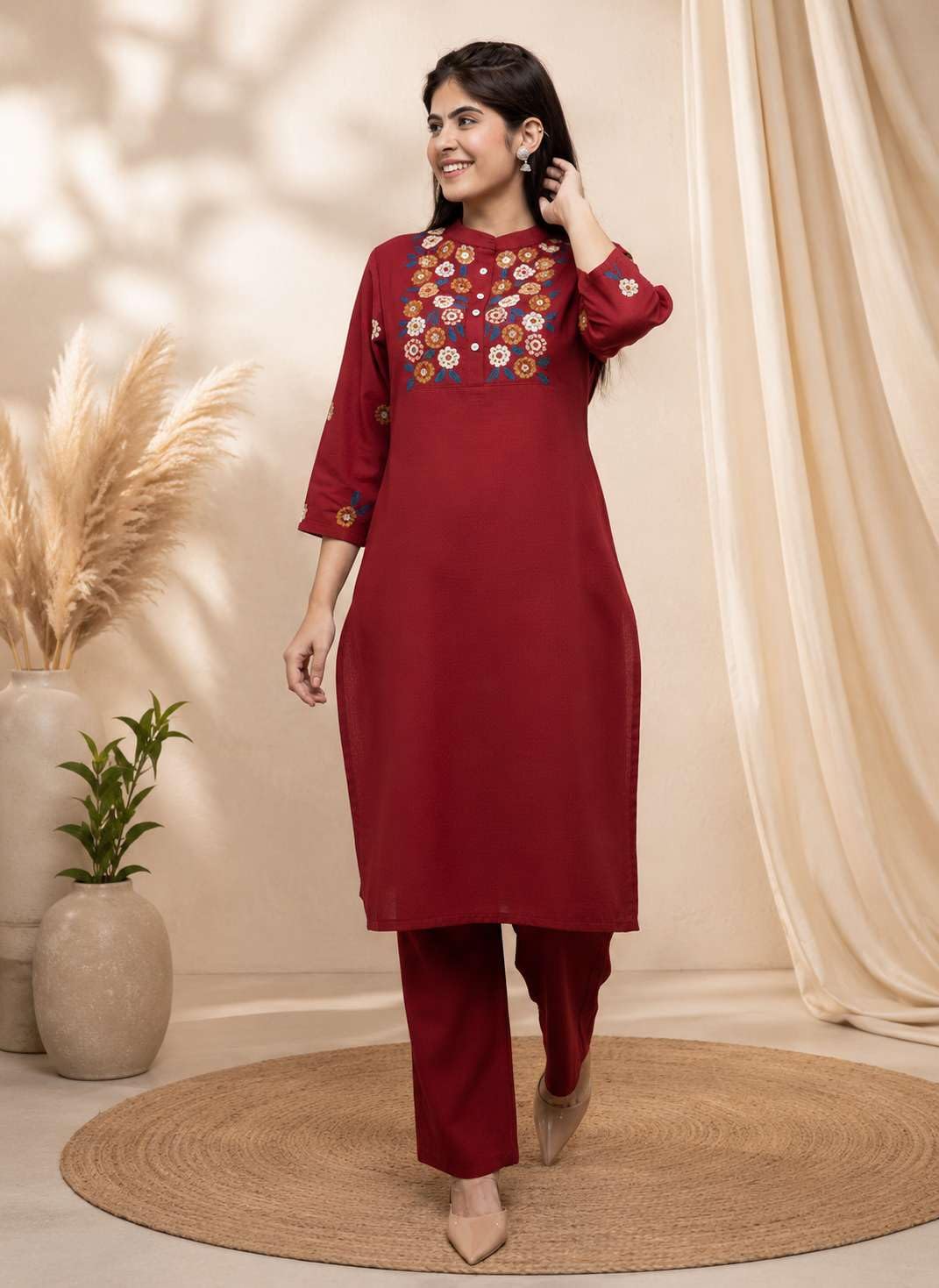 Women's Cotton floral Embroidery mandarin collar Straight Kurti With Pant