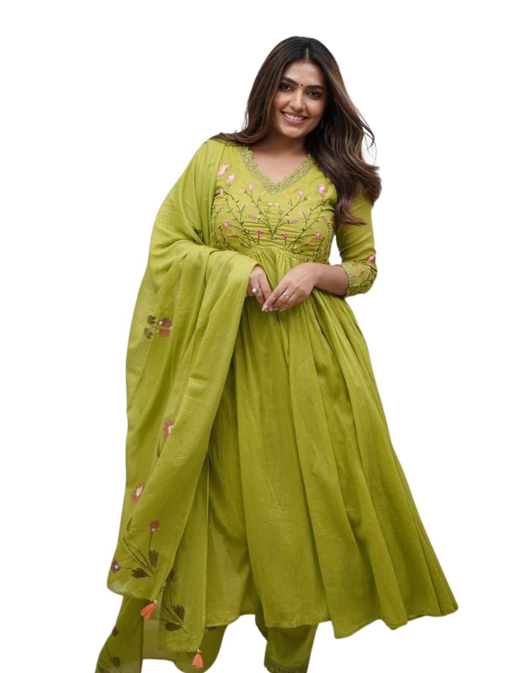 Women's Cotton Embroidered Long Anarkali Kurti With Pant and Dupatta Set