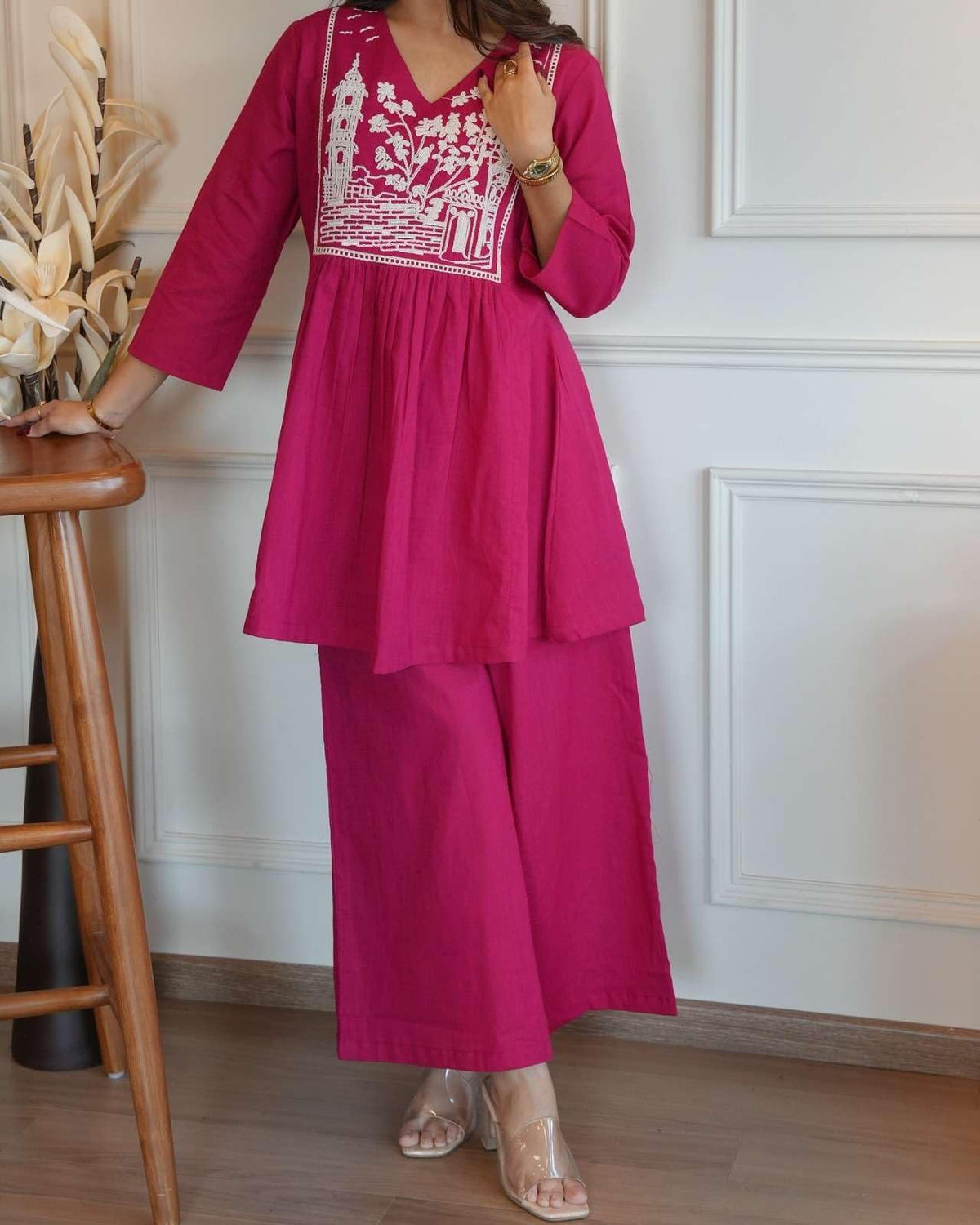 Women's Cotton Embroidered Short Anarkali Kurti with pant