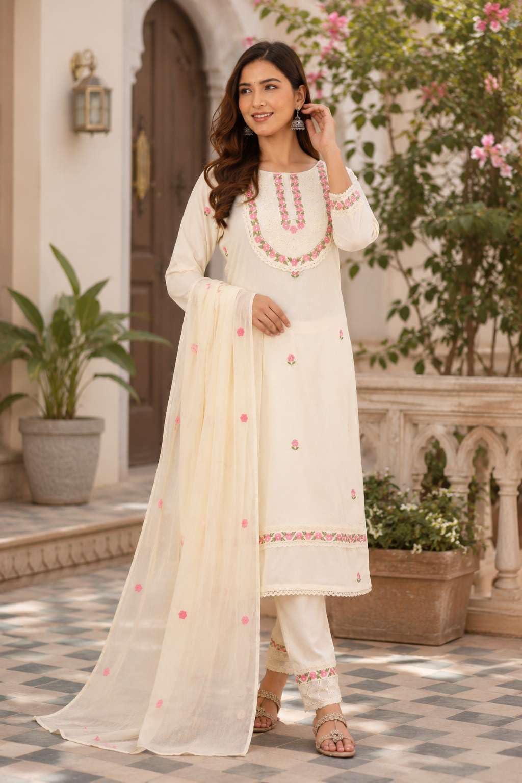 Women's Cotton Embroidery Straight Kurti With Pant Set