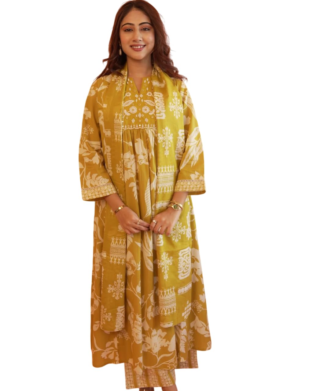 Women's Cotton Printed Anarkali Kurti with Pant and Dupatta Set