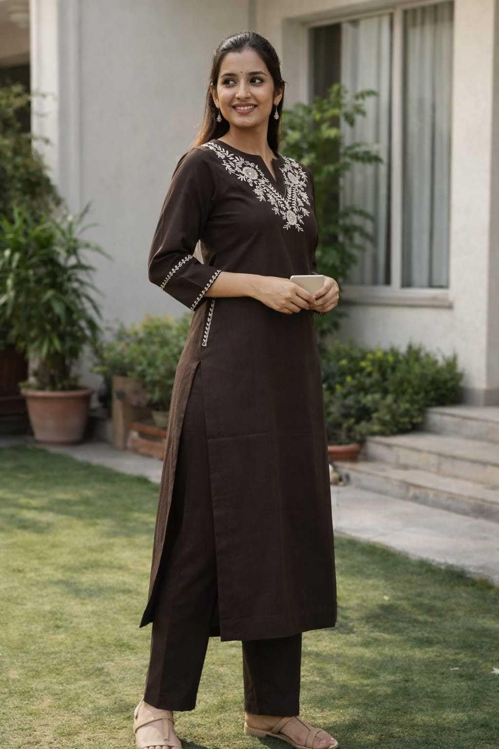 Women's Cotton Embroidered  Straight Kurti With Pant