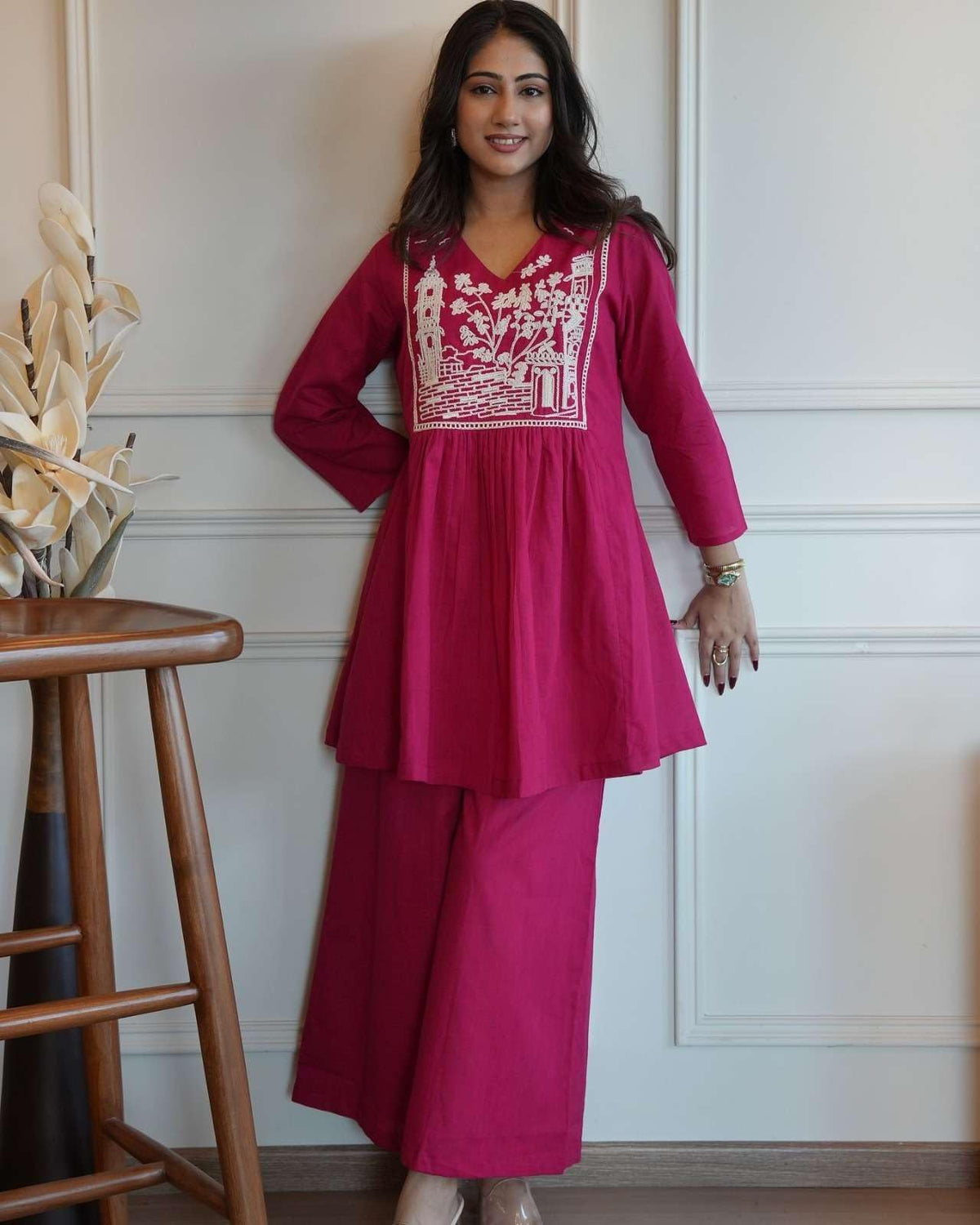 Women's Cotton Embroidered Short Anarkali Kurti with pant