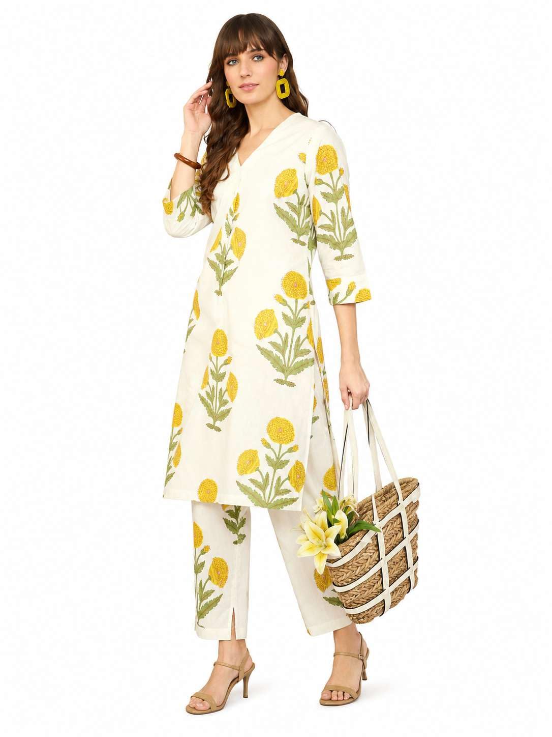Women's Cotton  Floral Printed Straight  kurti with Pant (Off White)