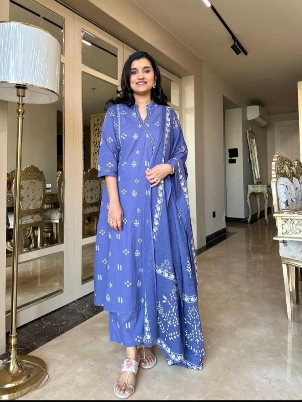 Women's Cotton Embroidered Anarkali Kurti with Pant and Dupatta Set