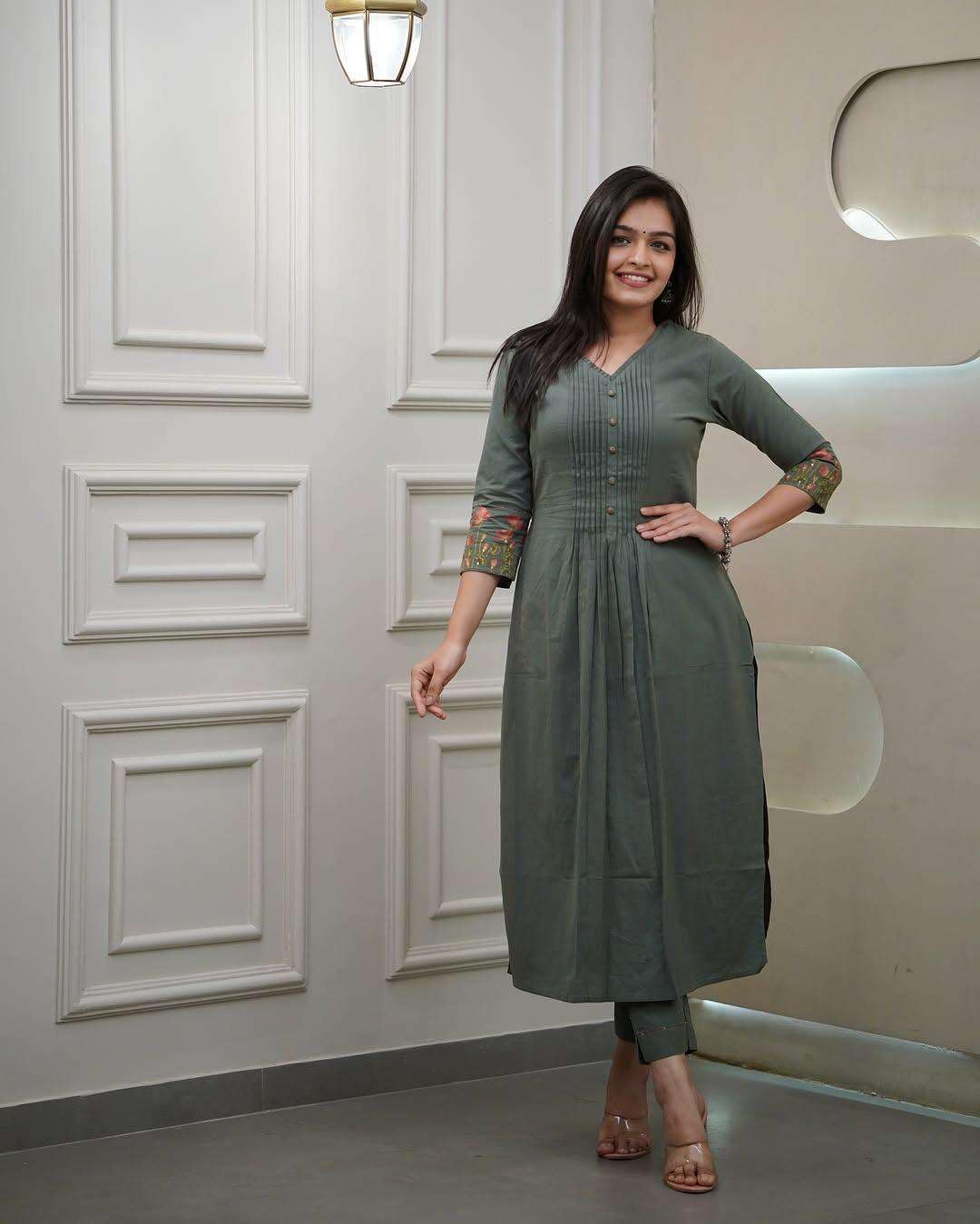 Women's Cotton Printed Flared Straight Kurti with Pant and Dupatta Set