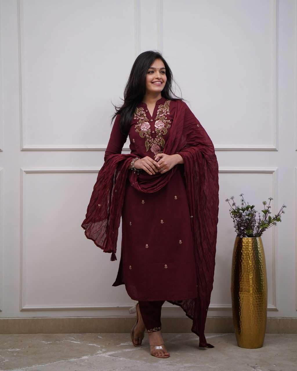 Women's Cotton Embroidery work Straight kurti with Pant & mulmul dupatta set