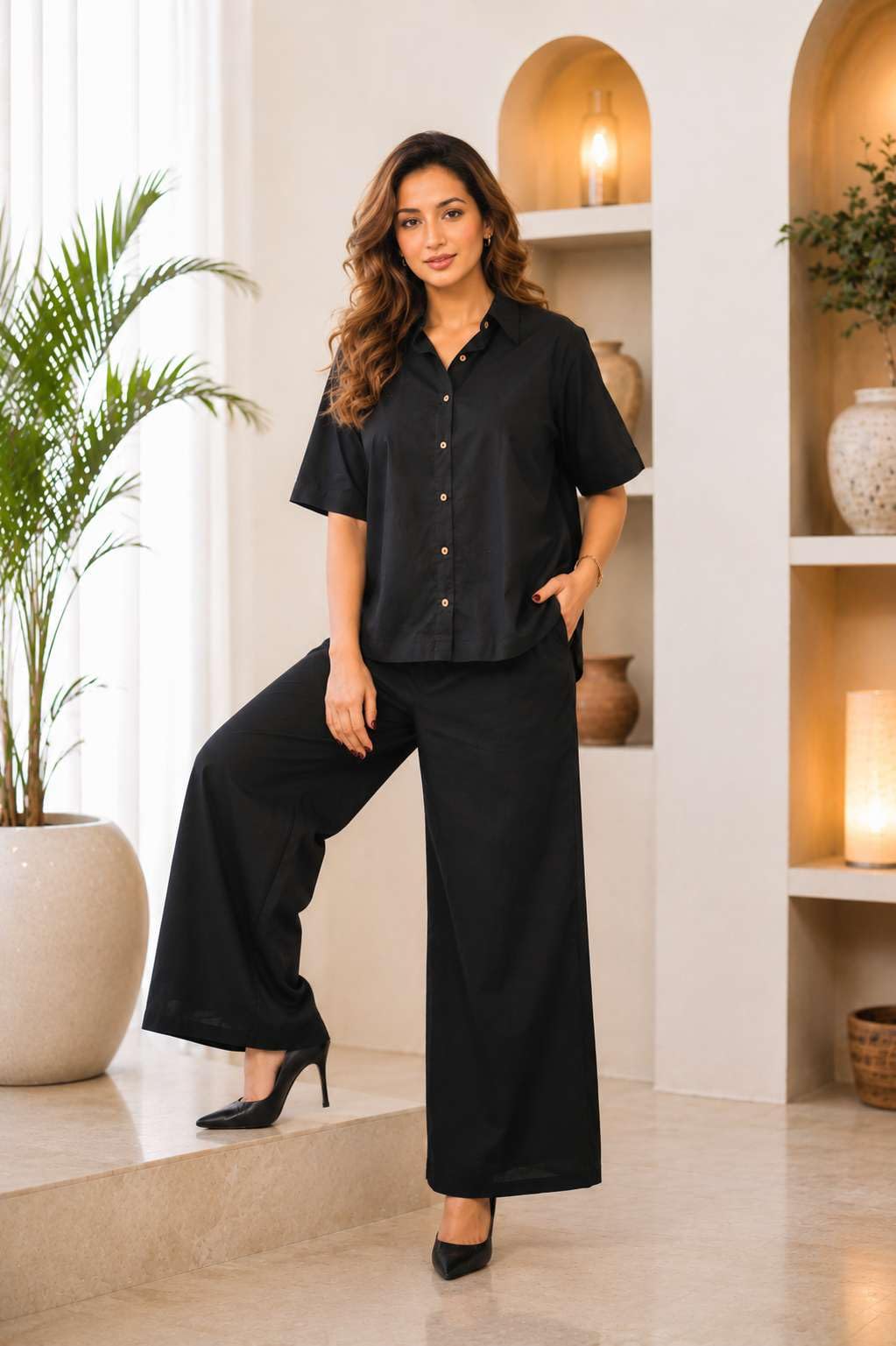 Women's Cotton Plain Straight Short Kurti With Pant Set