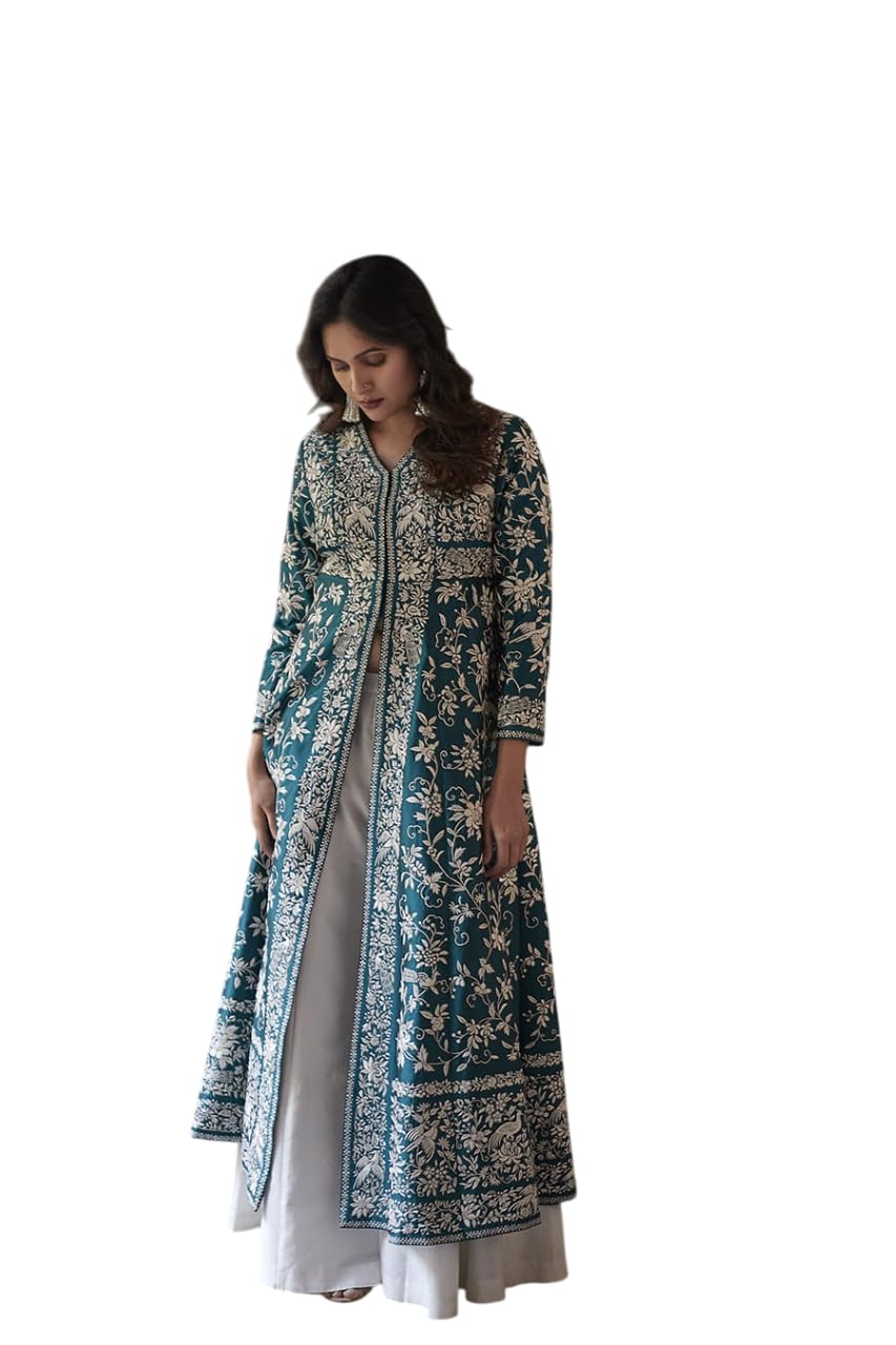 Women's Cotton Embroidery A-line Kurti With Palazzo Set
