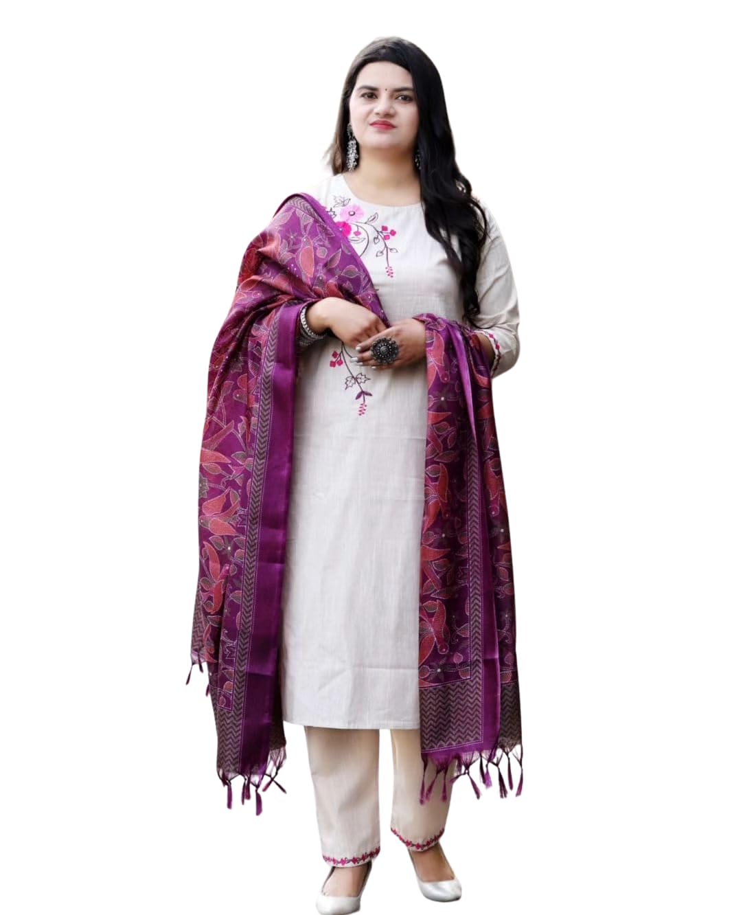 Women's Cotton Floral Printed Straight Kurti with Pant and Dupatta Set