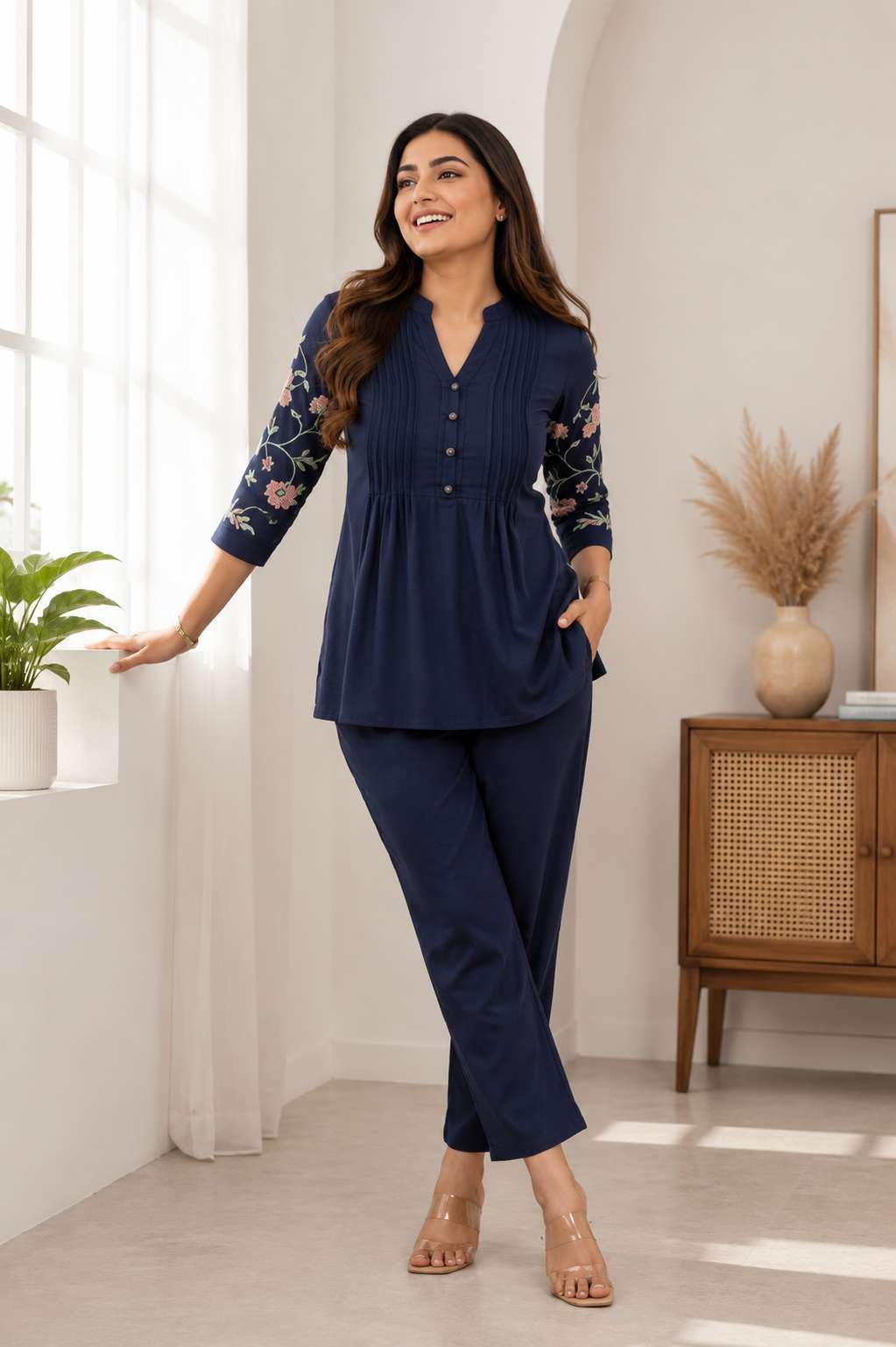 Women's Cotton Embroidery Straight Short kurti With Pant set