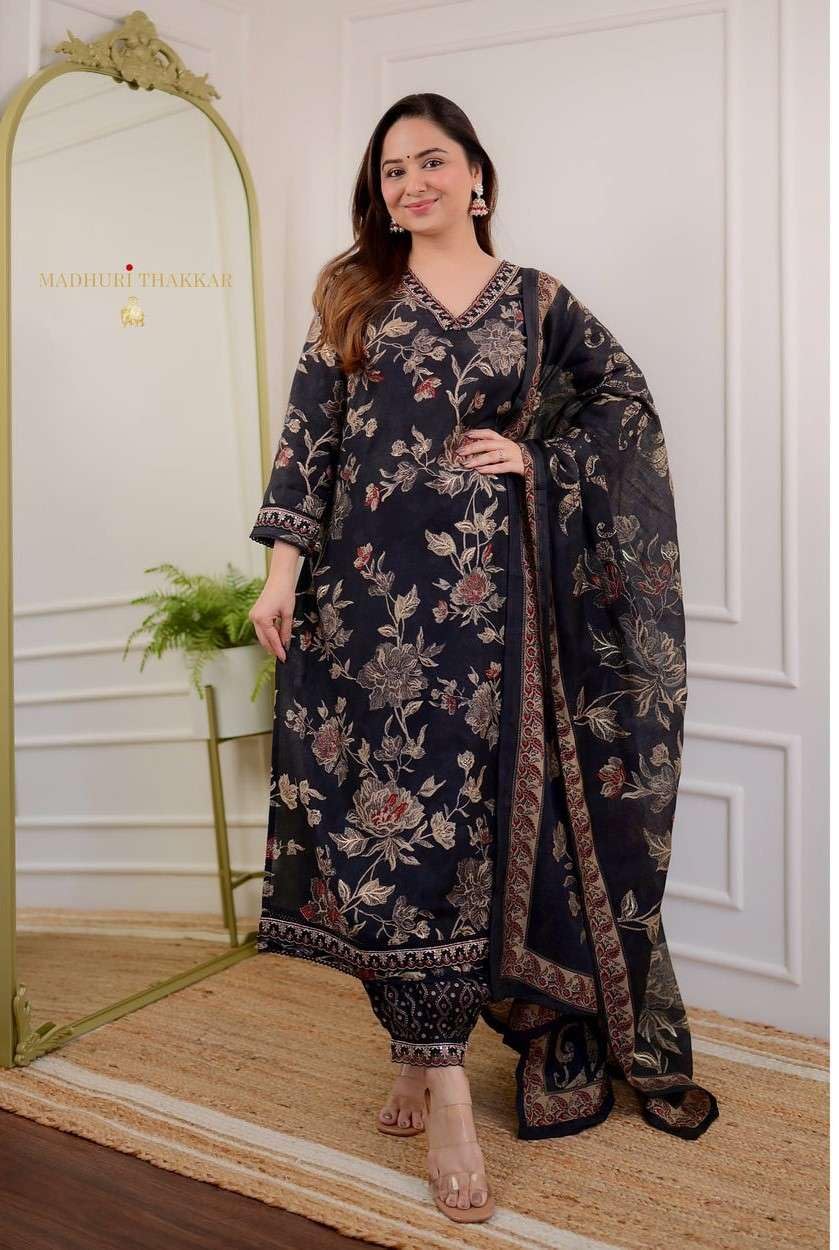 Women's Cotton Floral Printed Straight Kurti With Afghani Style Pant and  Dupatta Set (Black)