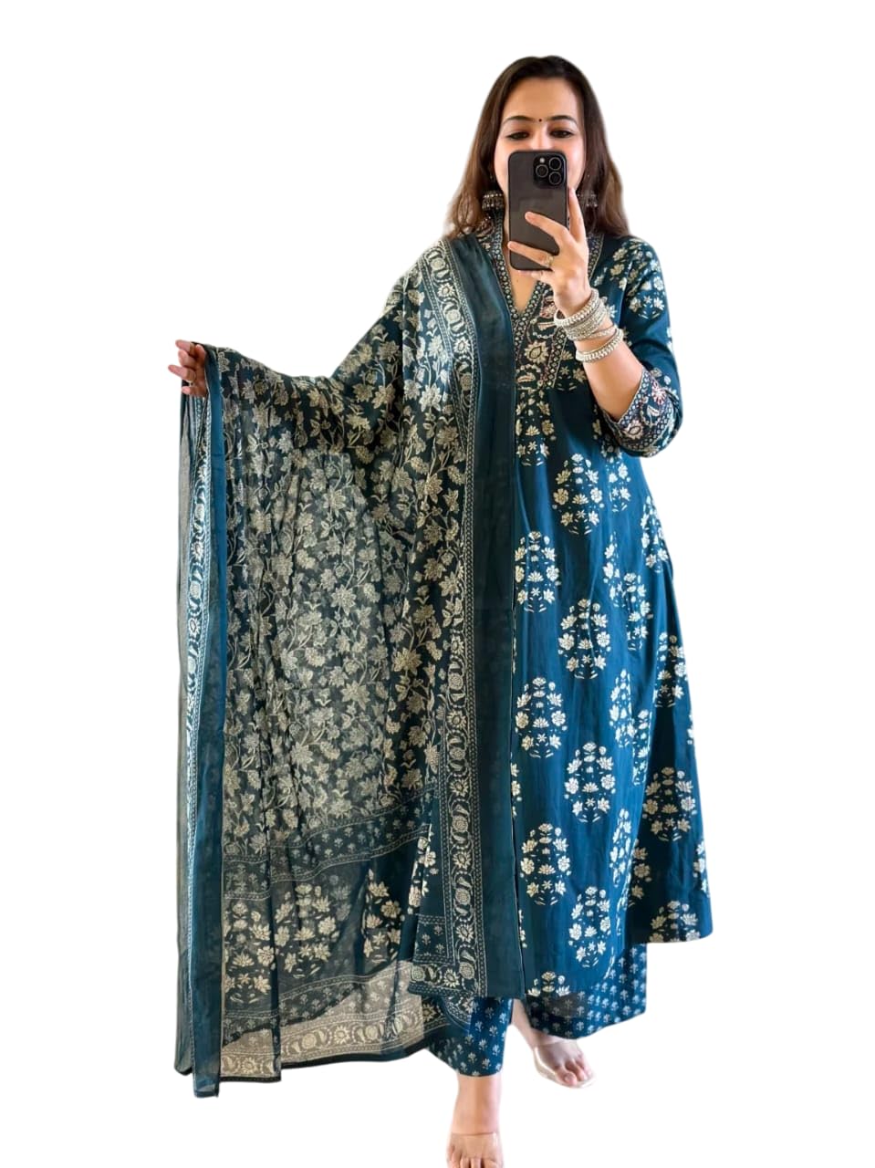 Women's Cotton Floral Printed Anazrkali Kurti with Pant & Dupatta Set