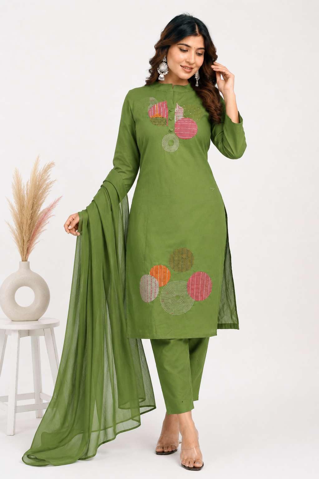 Women's Cotton Embroidery Straight Kurti With Pant Set