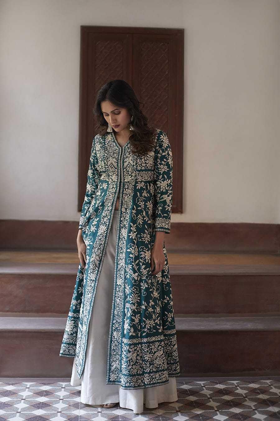 Women's Cotton Embroidery A-line Kurti With Palazzo Set