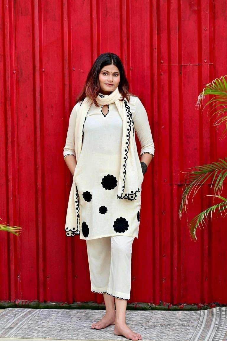 Women's Cotton Embroidered Floral patchwork Kurti with pant and Dupatta set