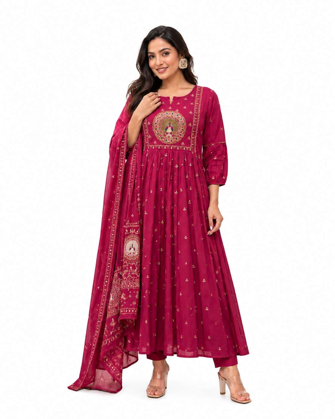 Women's Cotton Embroidered Anarkali Kurti With Malmal Dupatta Set