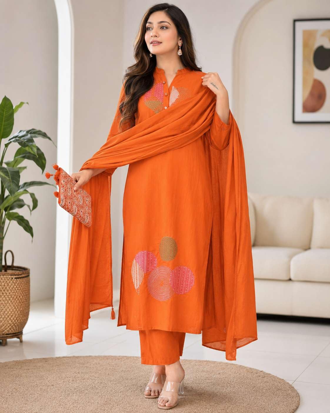 Women's Cotton Embroidery Straight Kurti Pant With Dupatta Set