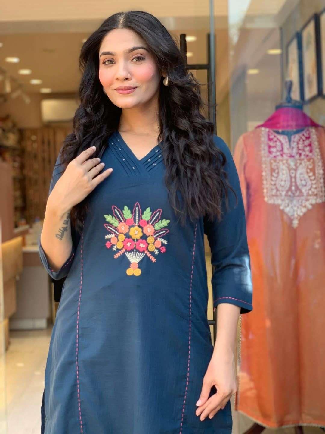 Women's Cotton Embroidered Straight Kurti With Pant And Dupatta Set (Dark Teal Blue)