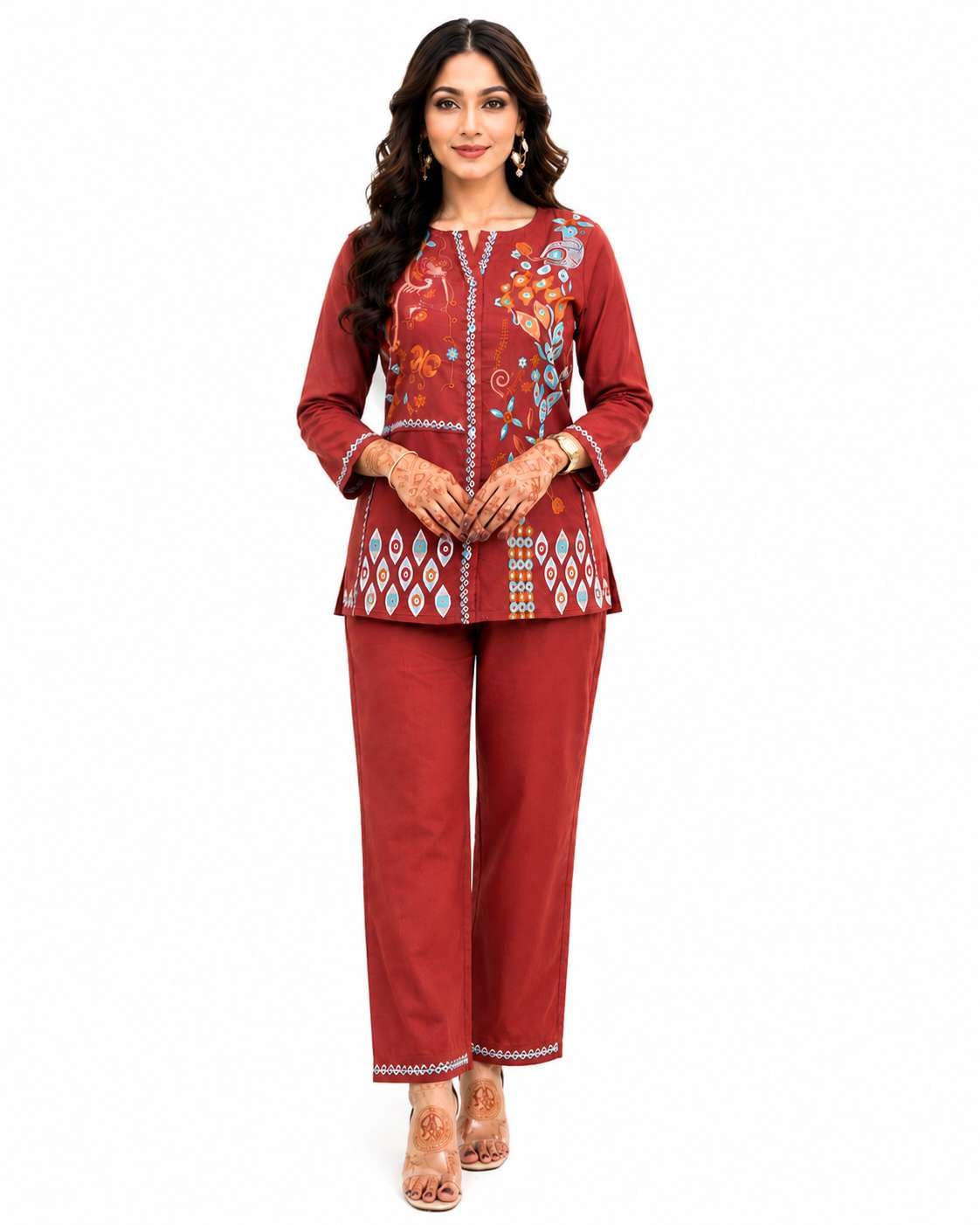 Women's Cotton Embroidery Straight Kurti With Pant Set