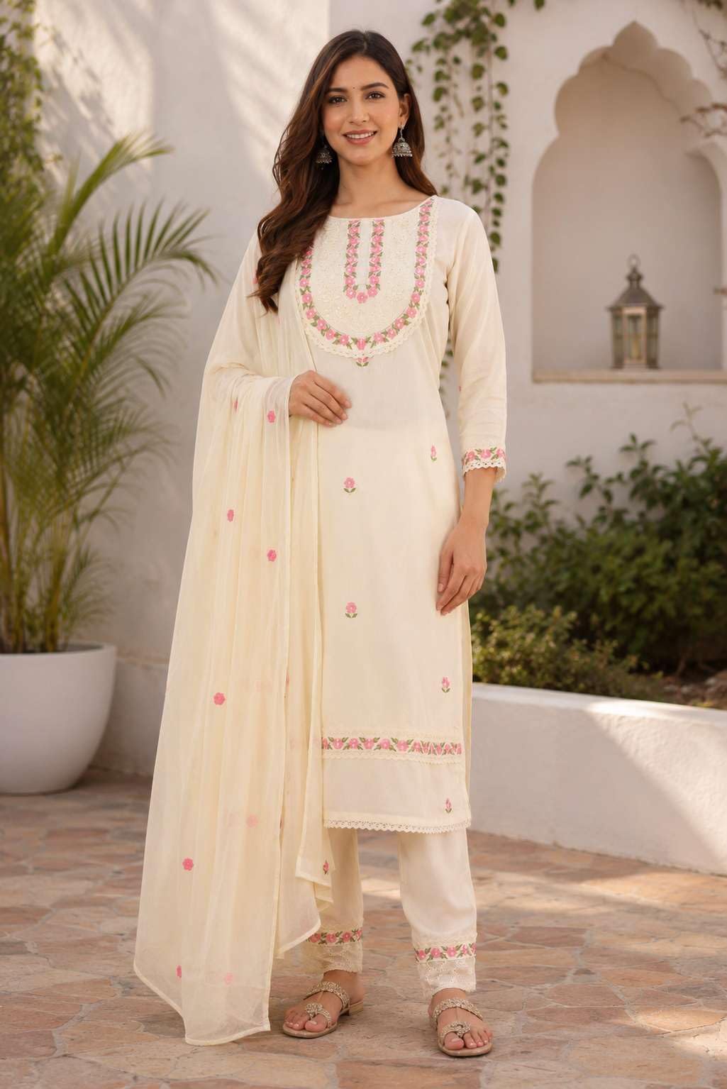 Women's Cotton Embroidery Straight Kurti With Pant Set
