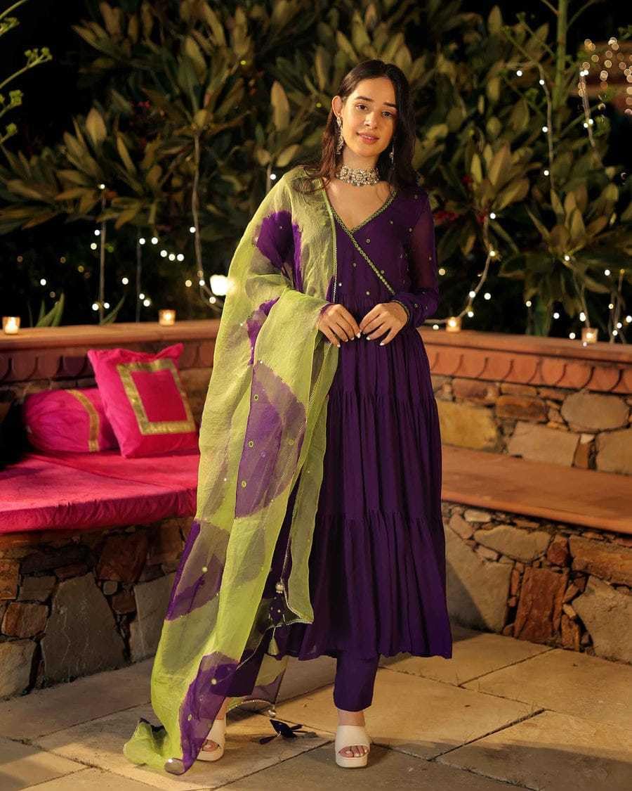 Women's Georgette Solid with Minimal Embellishment Long Anarkali Kurti With Pant And Dupatta Set (Red)
