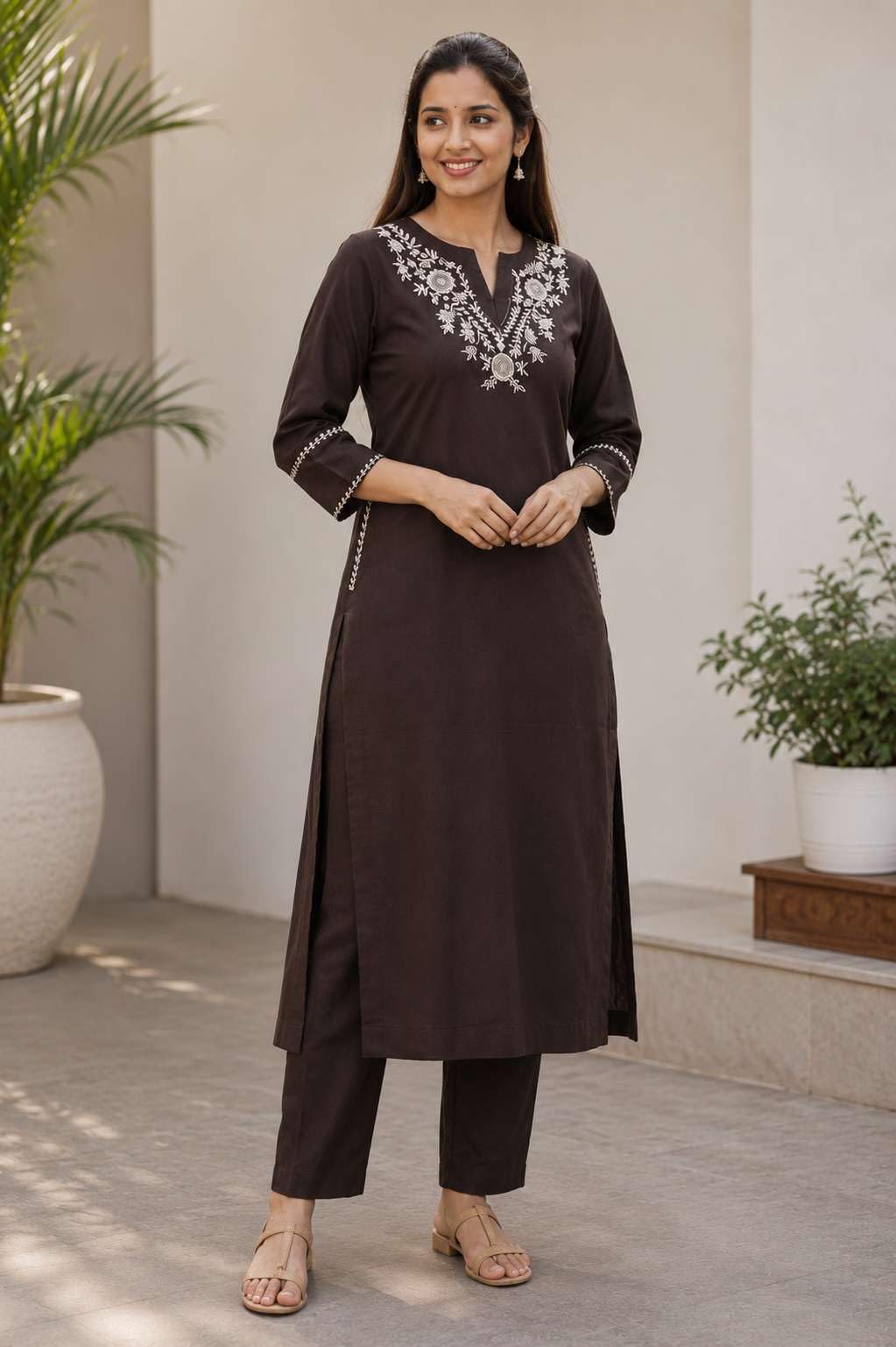 Women's Cotton Embroidered  Straight Kurti With Pant