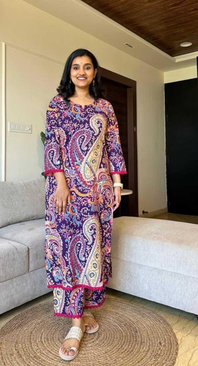 Women's Cotton Printed Straight Kurti with Pant Two Piece Co-ord Set