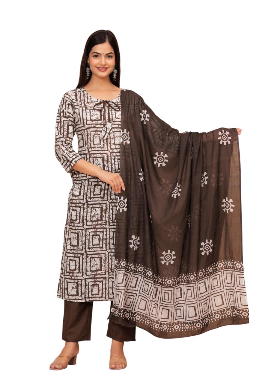 Women's Cotton Hand Block Printed Straight Kurti with Pant and Printed Dupatta