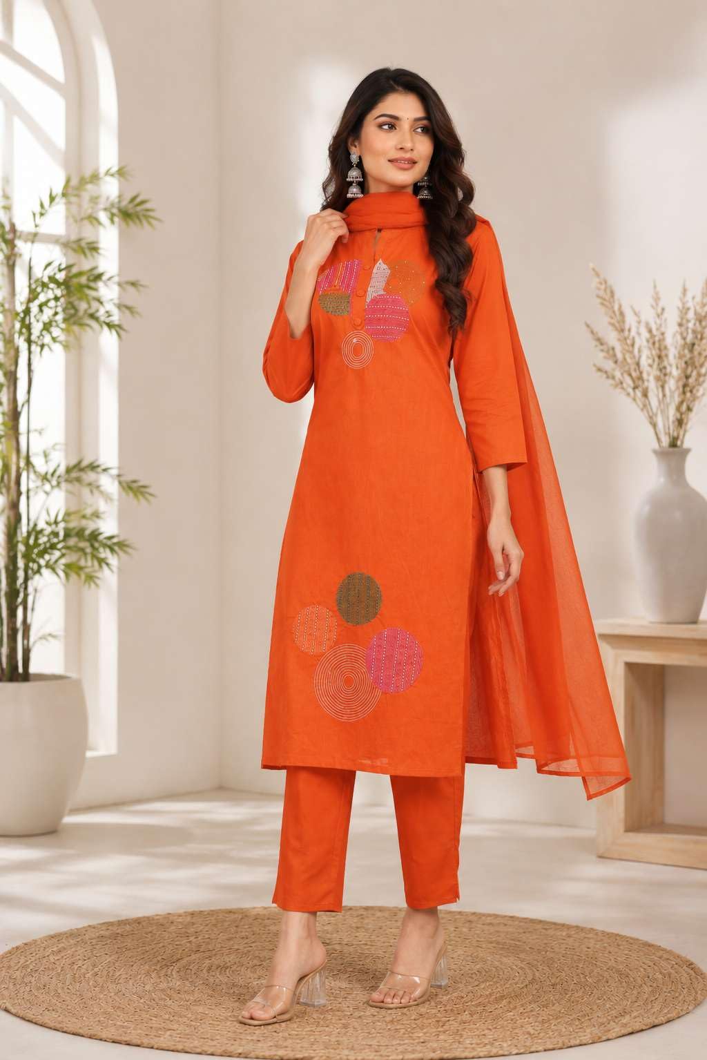 Women's Cotton Embroidery Straight Kurti With Pant Set