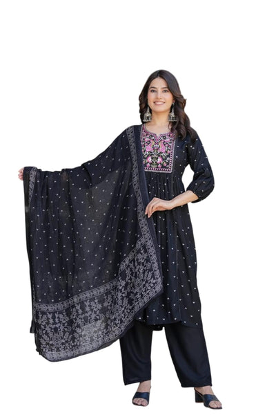 Women's Cotton Embroidered Anarkali Kurti With Pant And Dupatta Set