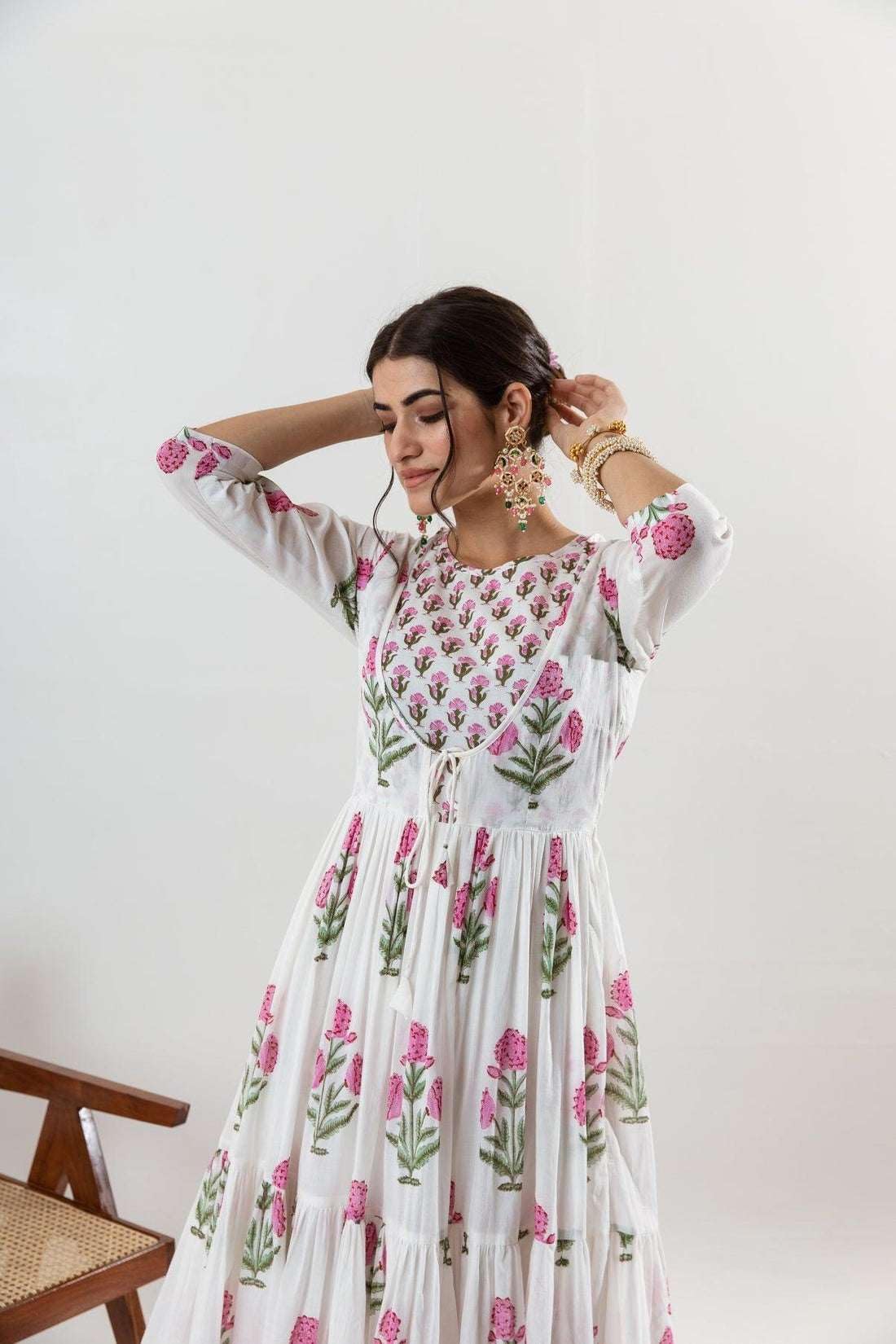 Women's Cotton Floral Printed Long Anarkali Kurti with Pant and Dupatta