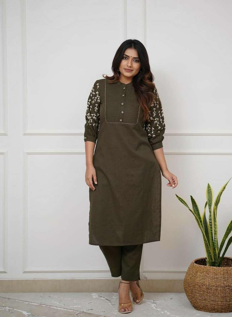 Women's Cotton Delicate Embroidery Straight Fit Kurti With Pant