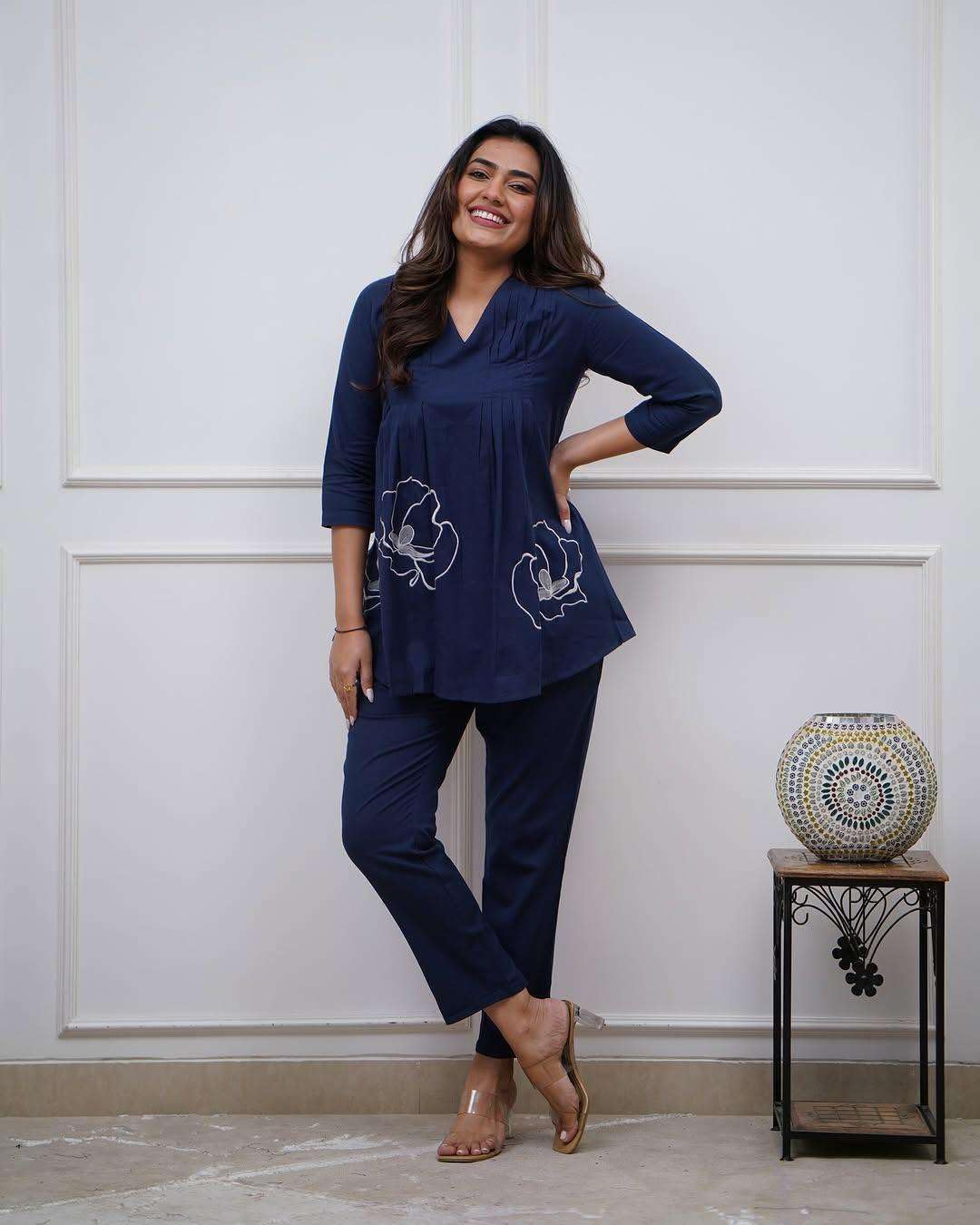 Women's Cotton Embroidered Co-ord Set 2 Piece Top Bottom Set