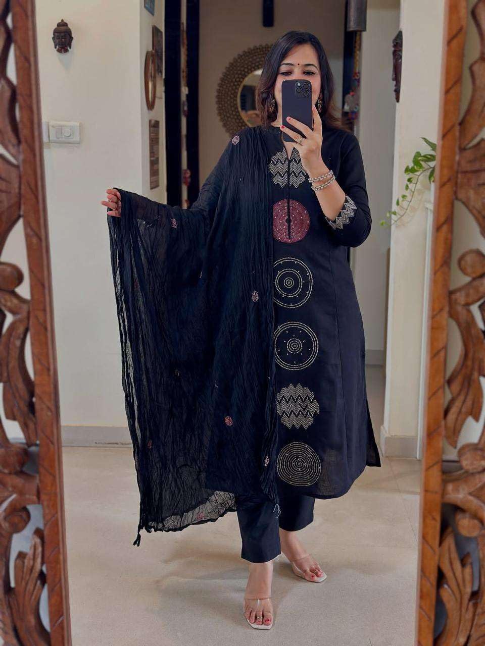 Women's Cotton Embroidered Straight Kurti With Pant And Dupatta Set