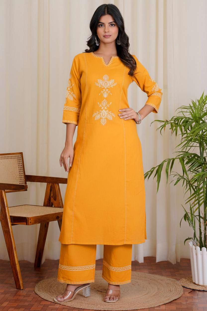 Women's Cotton Embroidered Straight kurti With relaxed fit Pant