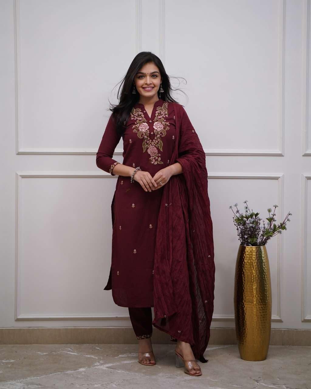 Women's Cotton Embroidery work Straight kurti with Pant & mulmul dupatta set