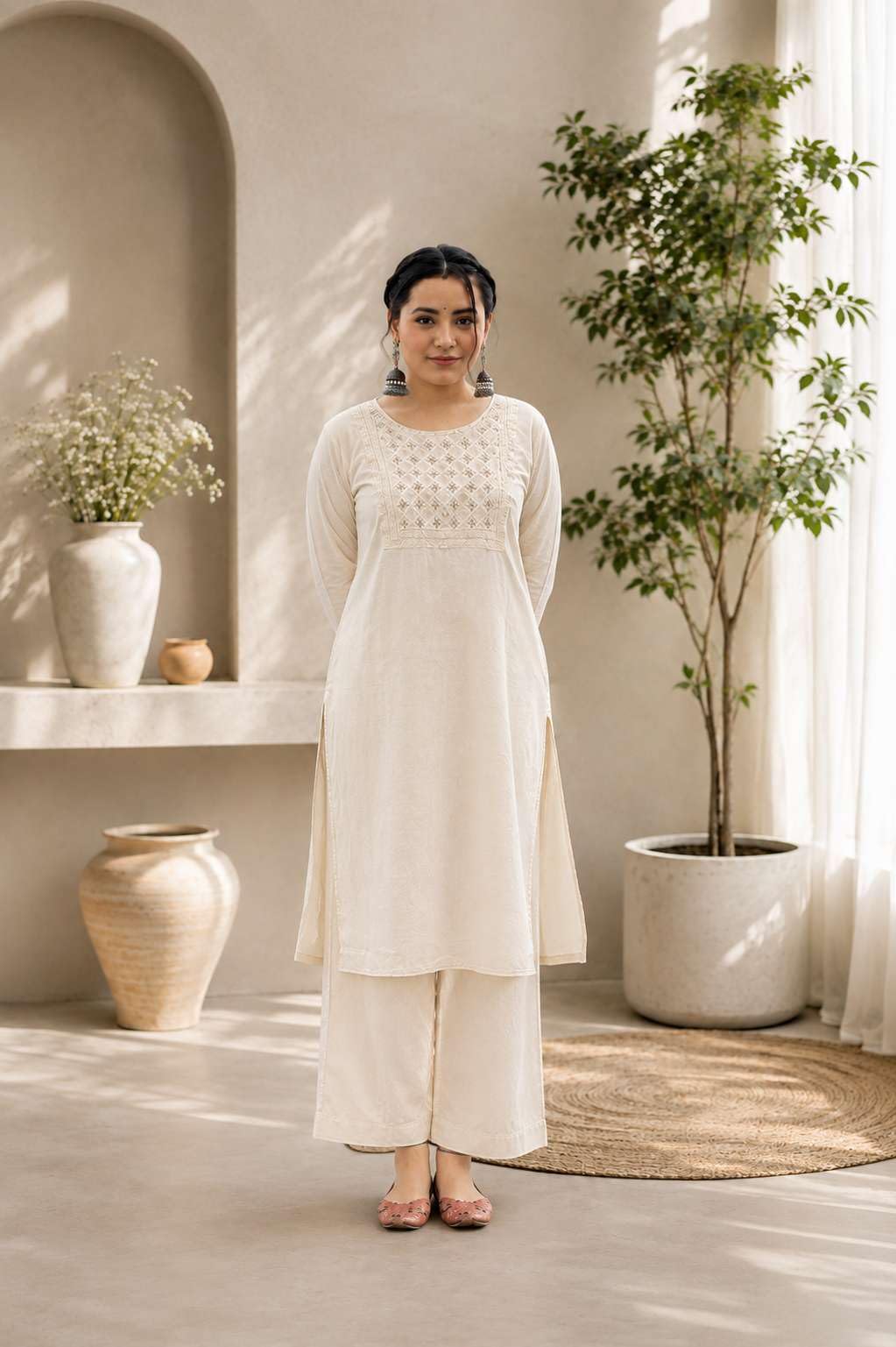 Women's Cotton Chanderi Print Straight Kurti with Pant
