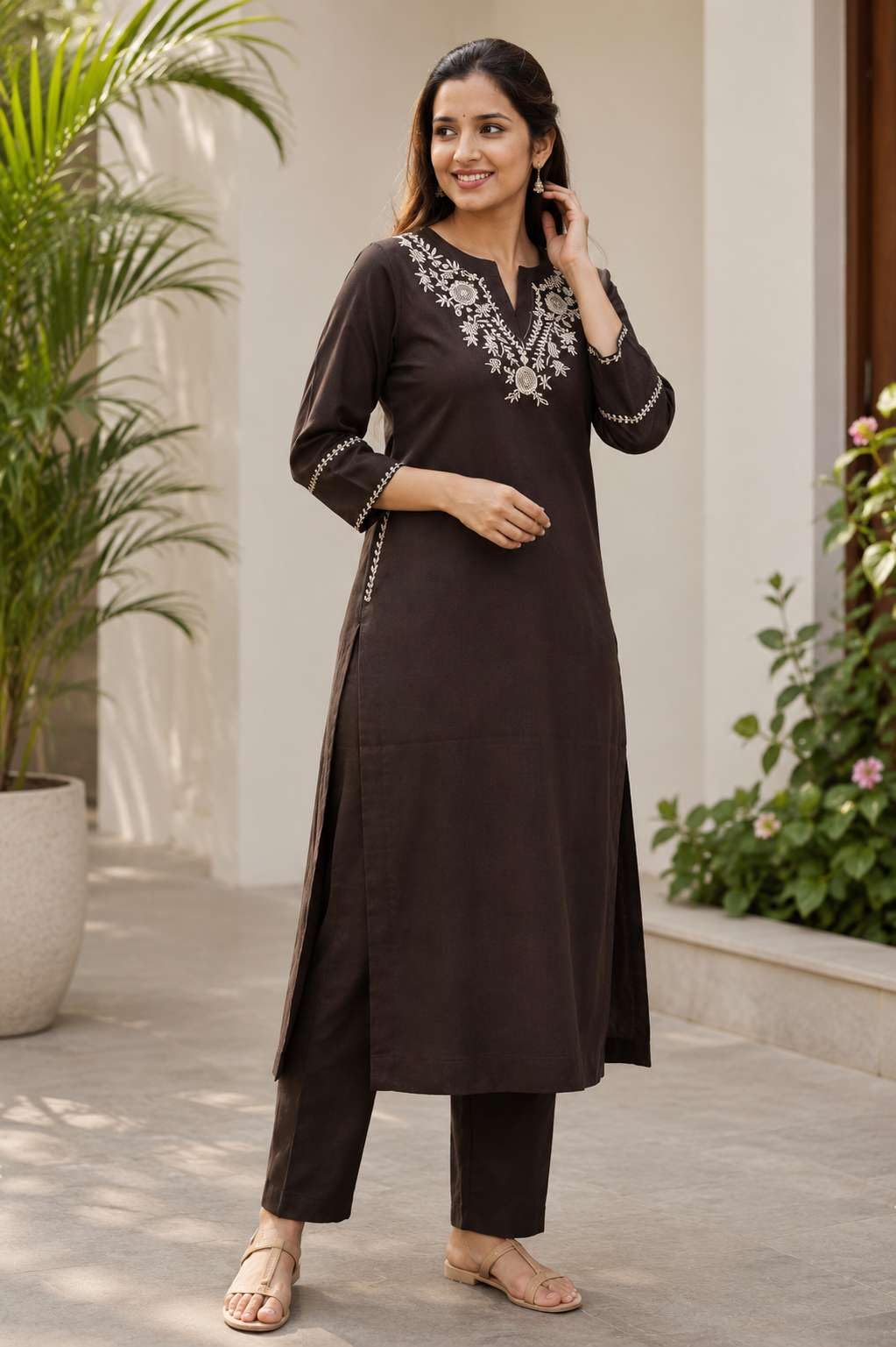 Women's Cotton Embroidered  Straight Kurti With Pant
