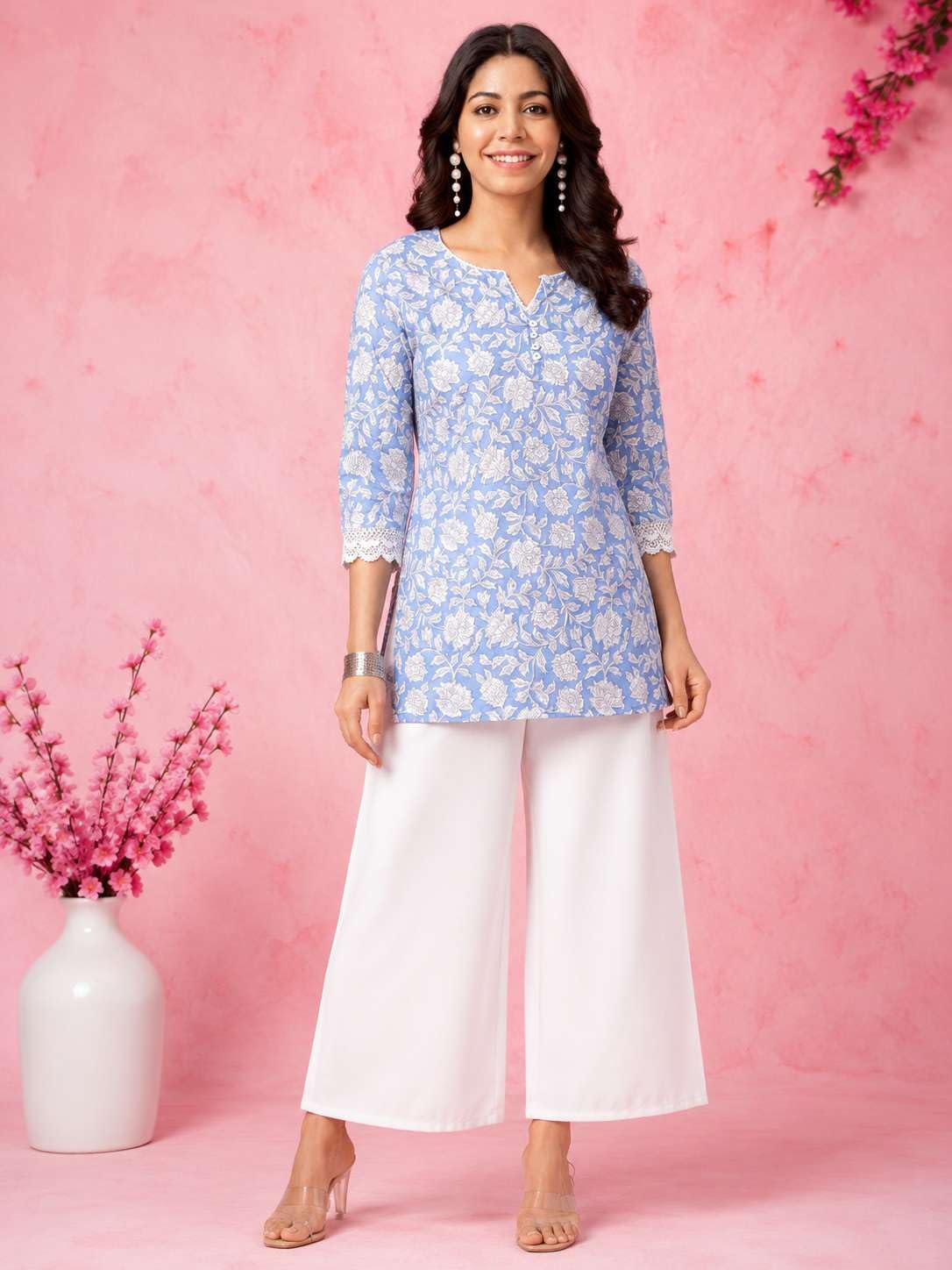 Women's Rayon Floral Printed Straight Short Kurti Set