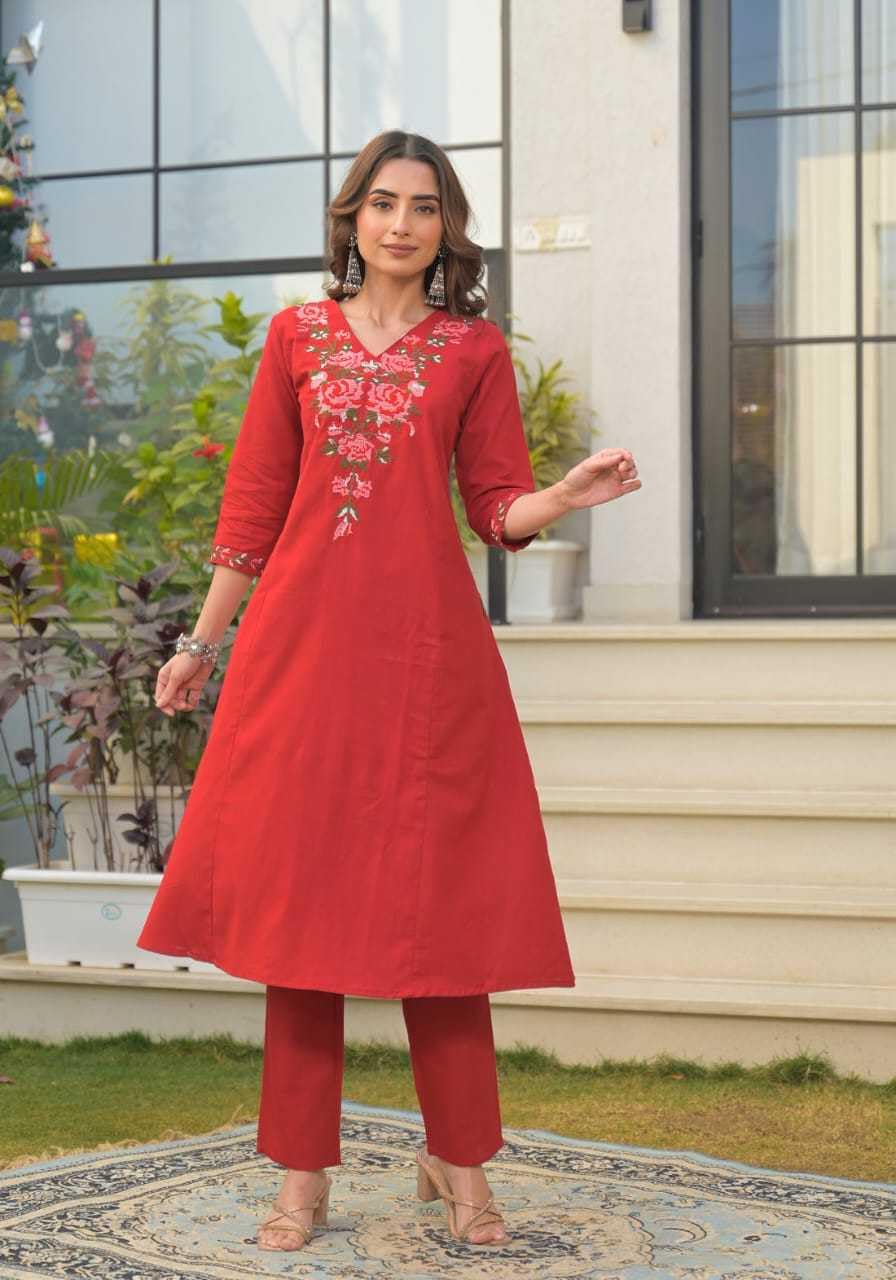 Women's Cotton Floral Embroidered  Straight Kurti With Pant