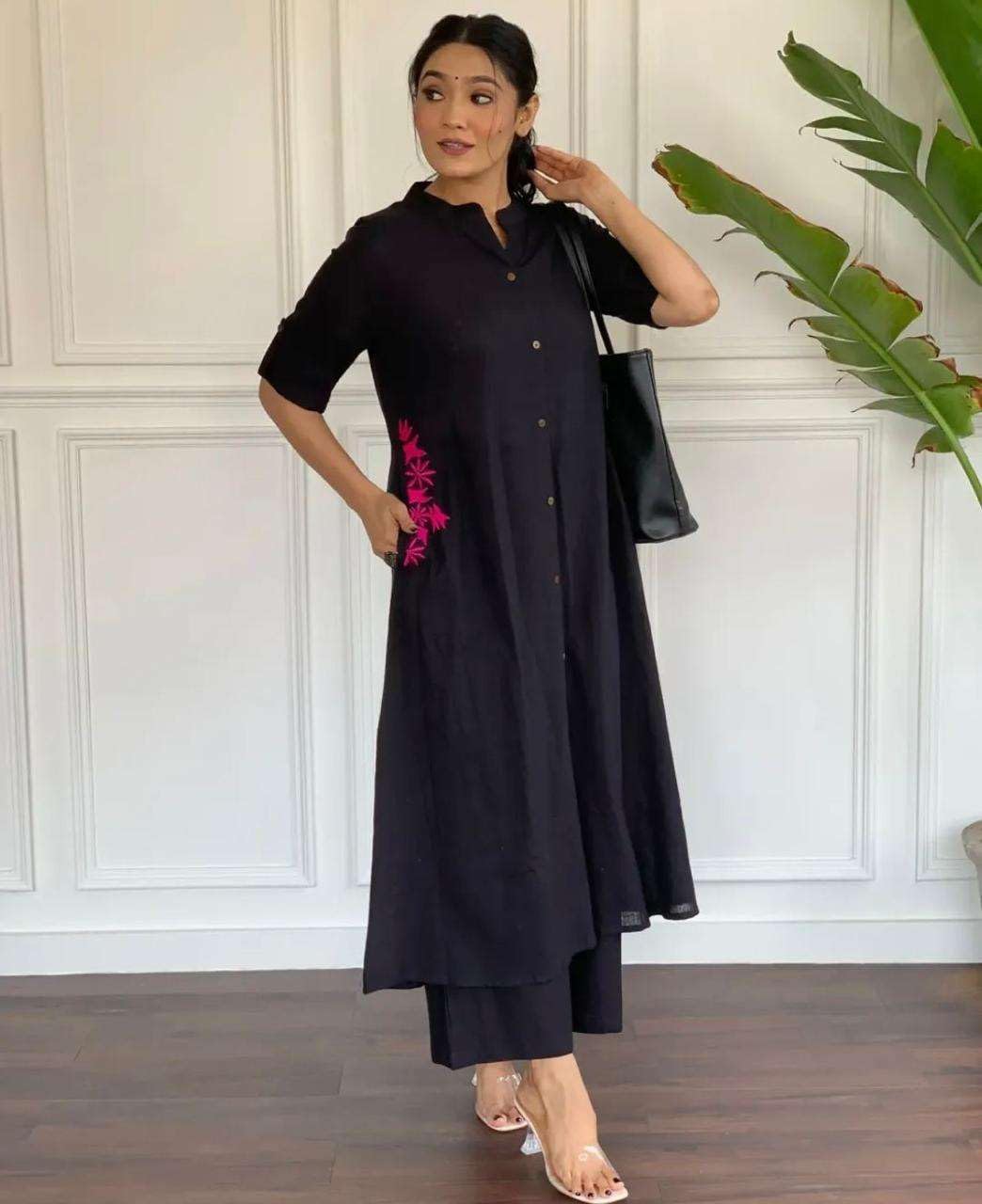 Women's Cotton Embroiderd Long A-Line  Kurti with Palazzo