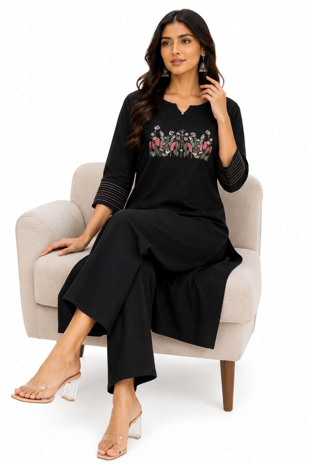 Women's Cotton Embroidered Straight Kurti With Pant Set