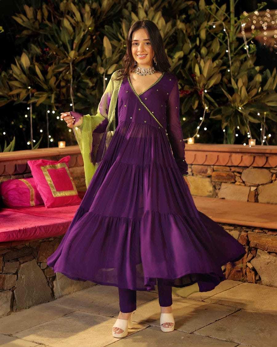 Women's Georgette Solid with Minimal Embellishment Long Anarkali Kurti With Pant And Dupatta Set (Red)
