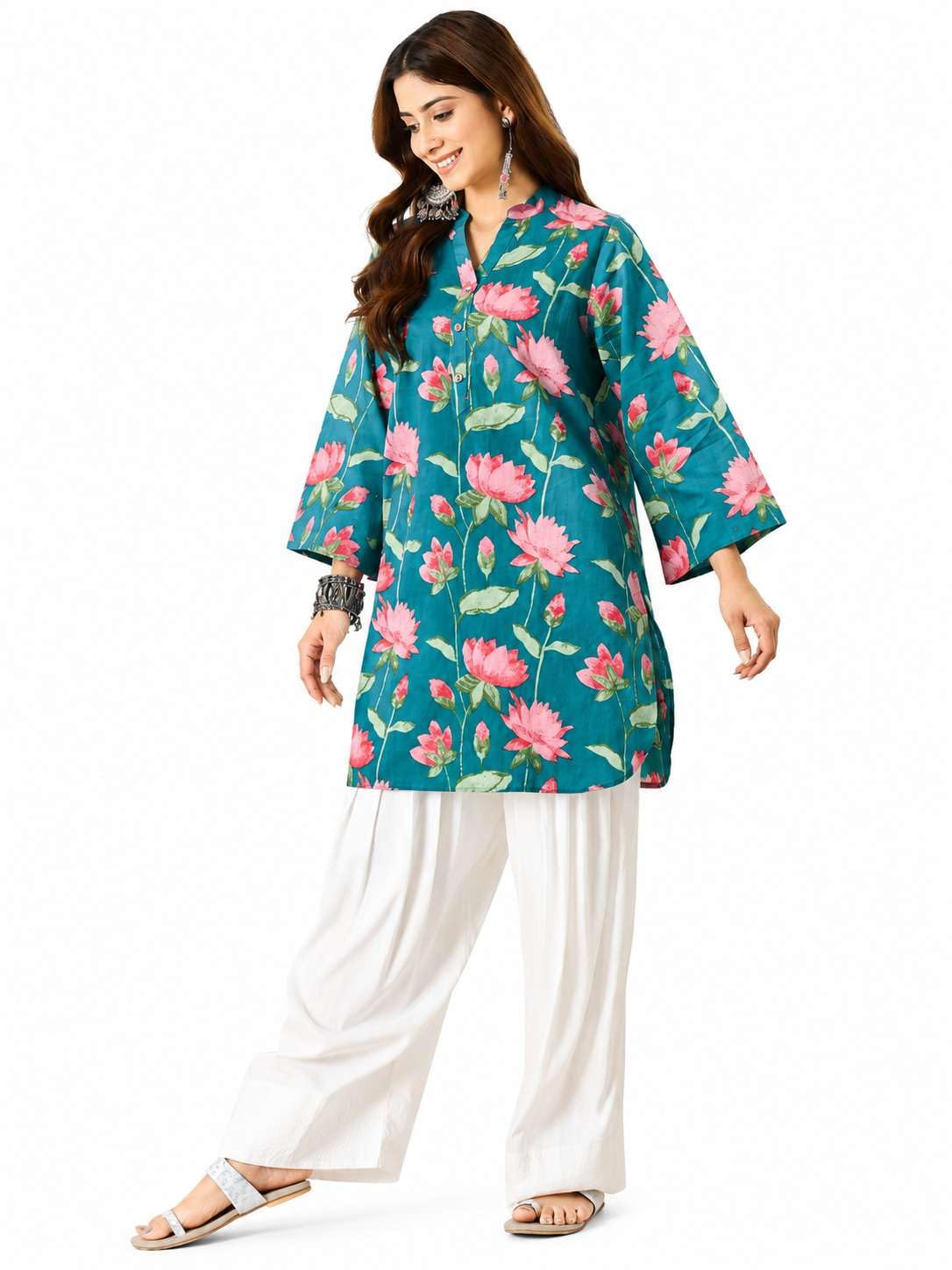 Women's Cotton floral printed straight comfort fit kurti with Farshi Salwar perfect for everyday