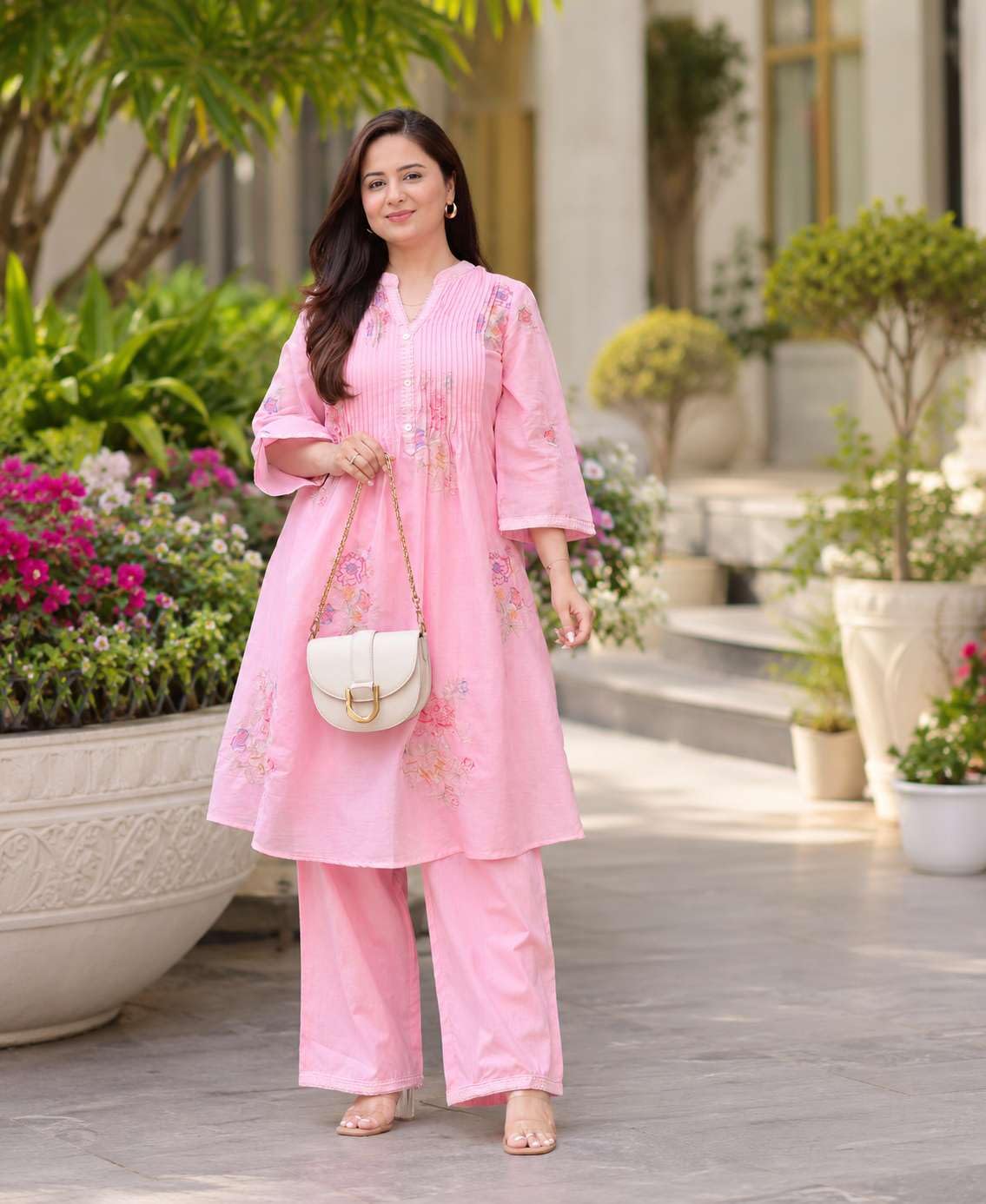 Women's Cotton Embroidery A-Line Kurti With Pant Set
