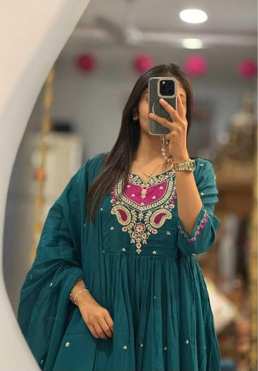 Women's Cotton Embroidered Anarkali Salwar Suit Set with Dupatta Set