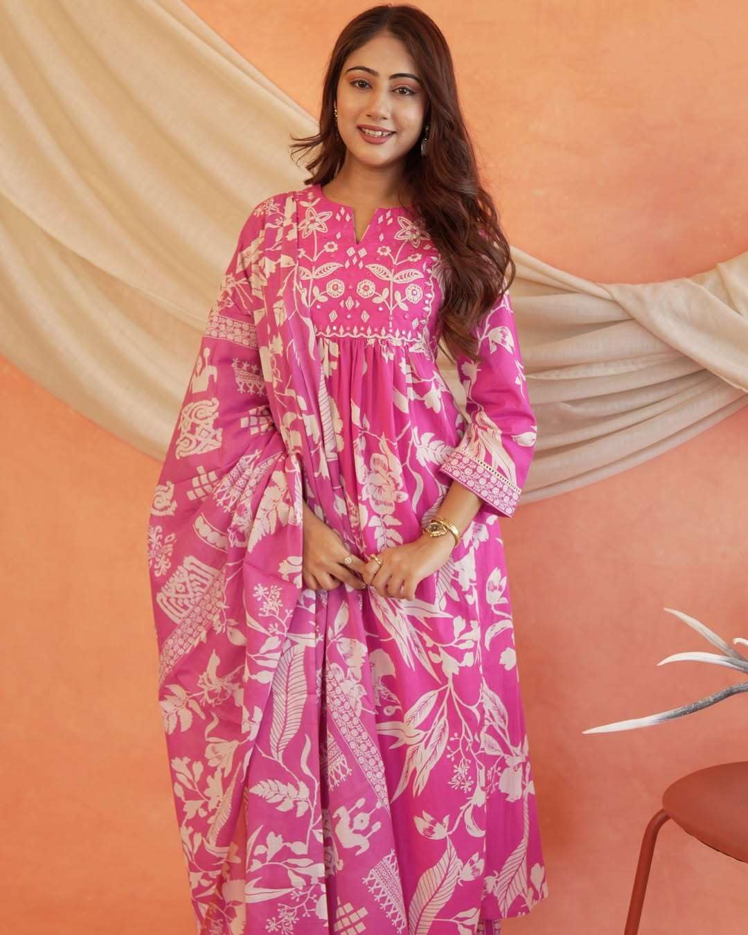 Women's Cotton Printed Anarkali Kurti with Pant and Dupatta Set